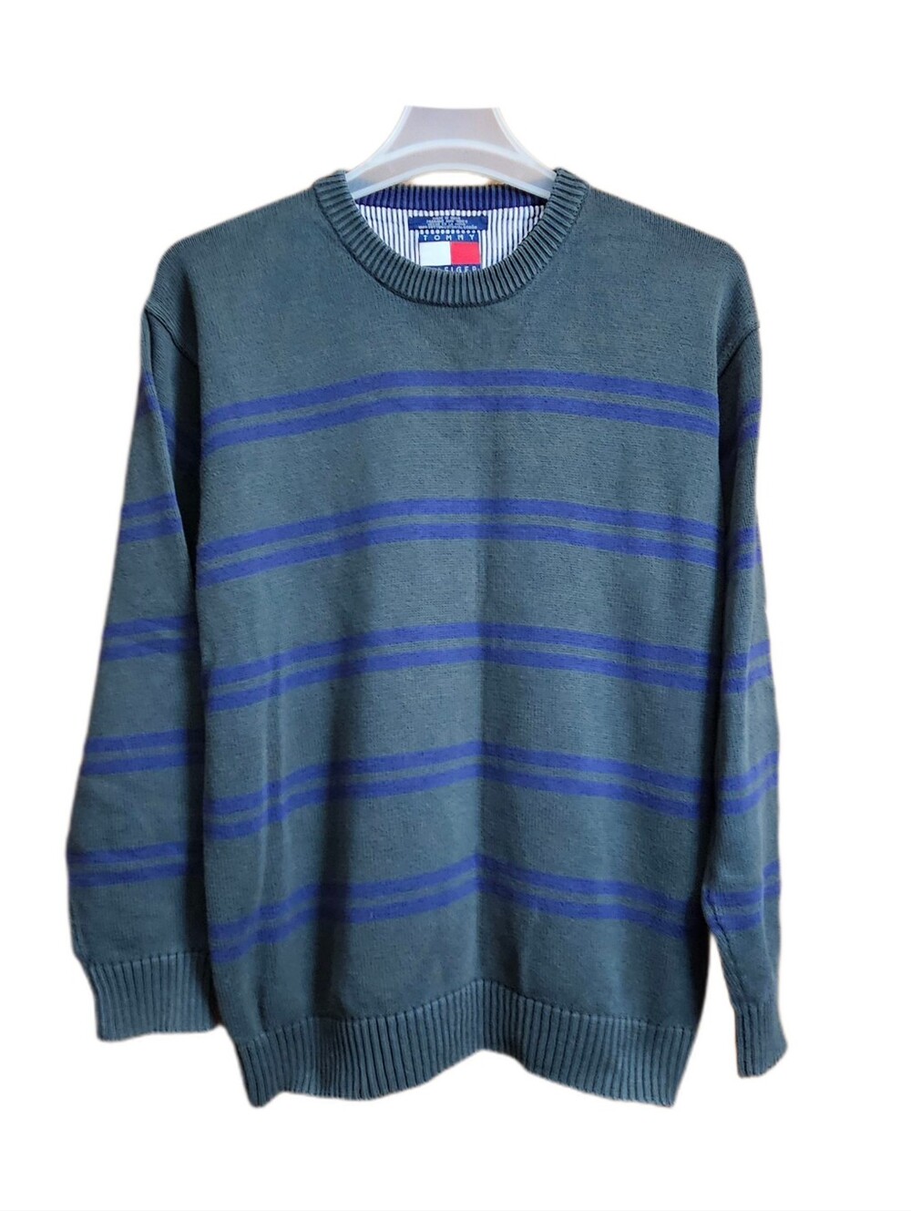 Tommy Hilfiger vintage men's green blue crew neck striped sweater Large